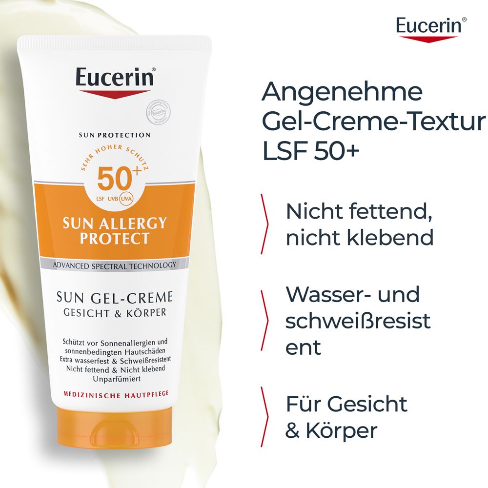 Tube avec texte. Texte : Texture gel-crème agréable SPF 50+. Non grasse, non collante. Résistant à l'eau et à la transpiration. Pour le visage et le corps.