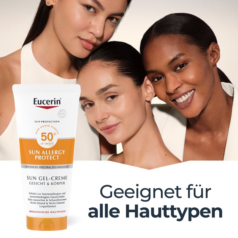 Trois femmes avec un tube. Texte : Convient à tous les types de peau. Eucerin, Sun Allergy Protect, SPF 50+, Sun Gel-Crème Visage & Corps.