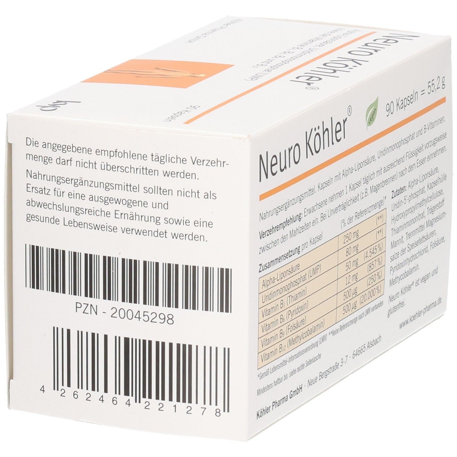 Unterseite der Schachtel Neuro Köhler® mit Barcode und PZN-20045298. Enthält 90 Kapseln. KVP Logo.