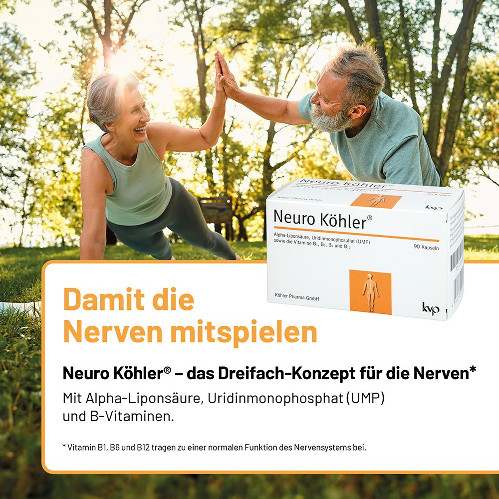 Boîte Neuro Köhler Kapseln à côté d'un couple âgé faisant du sport en plein air.
