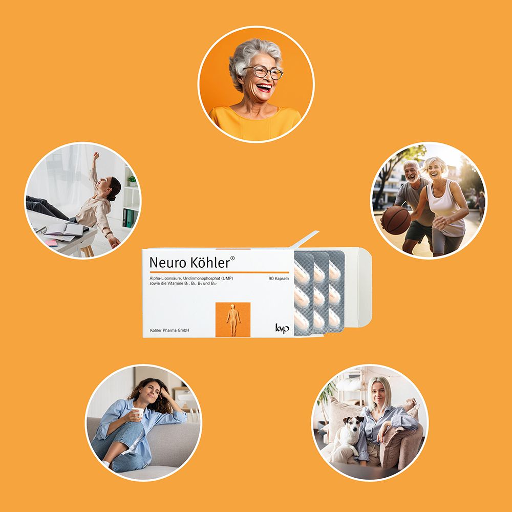 Boîte Neuro Köhler Kapseln au centre, entourée d'images de personnes actives.