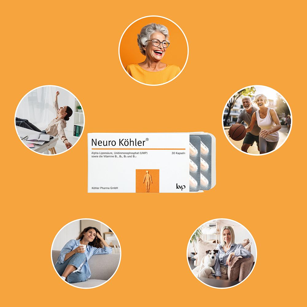 Verpackung Neuro Köhler Kapseln umgeben von Bildern aktiver Menschen.