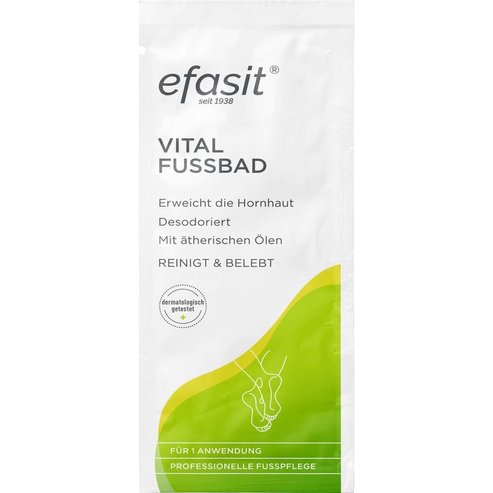 Verpackung efasit® Vital Fußbad: Erweicht Hornhaut, desodoriert, mit ätherischen Ölen, reinigt & belebt. Dermatologisch getestet.