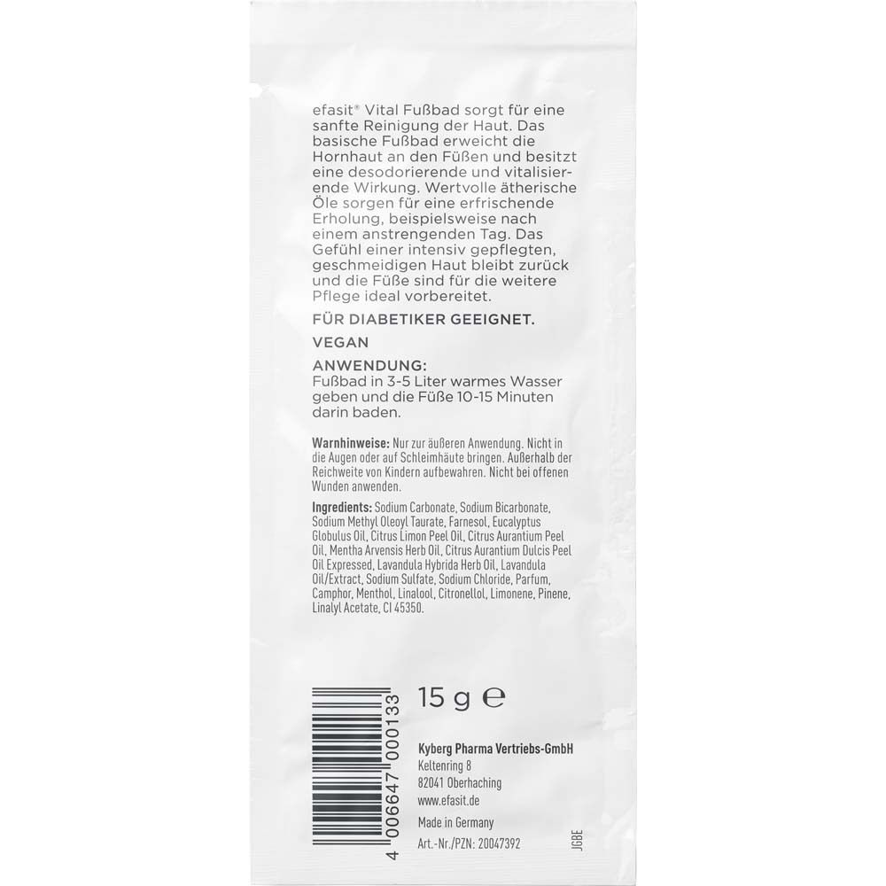 Rückseite der efasit® Vital Fußbad Verpackung mit Inhaltsstoffen, Anwendungshinweisen und Herstellerangaben.