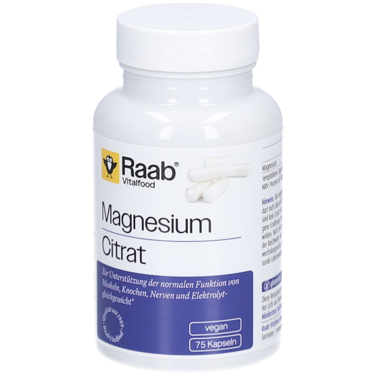 Weiße Flasche mit Kapseln. Aufschrift: Raab Vitalfood Magnesium Citrat. 75 Kapseln. Vegan.