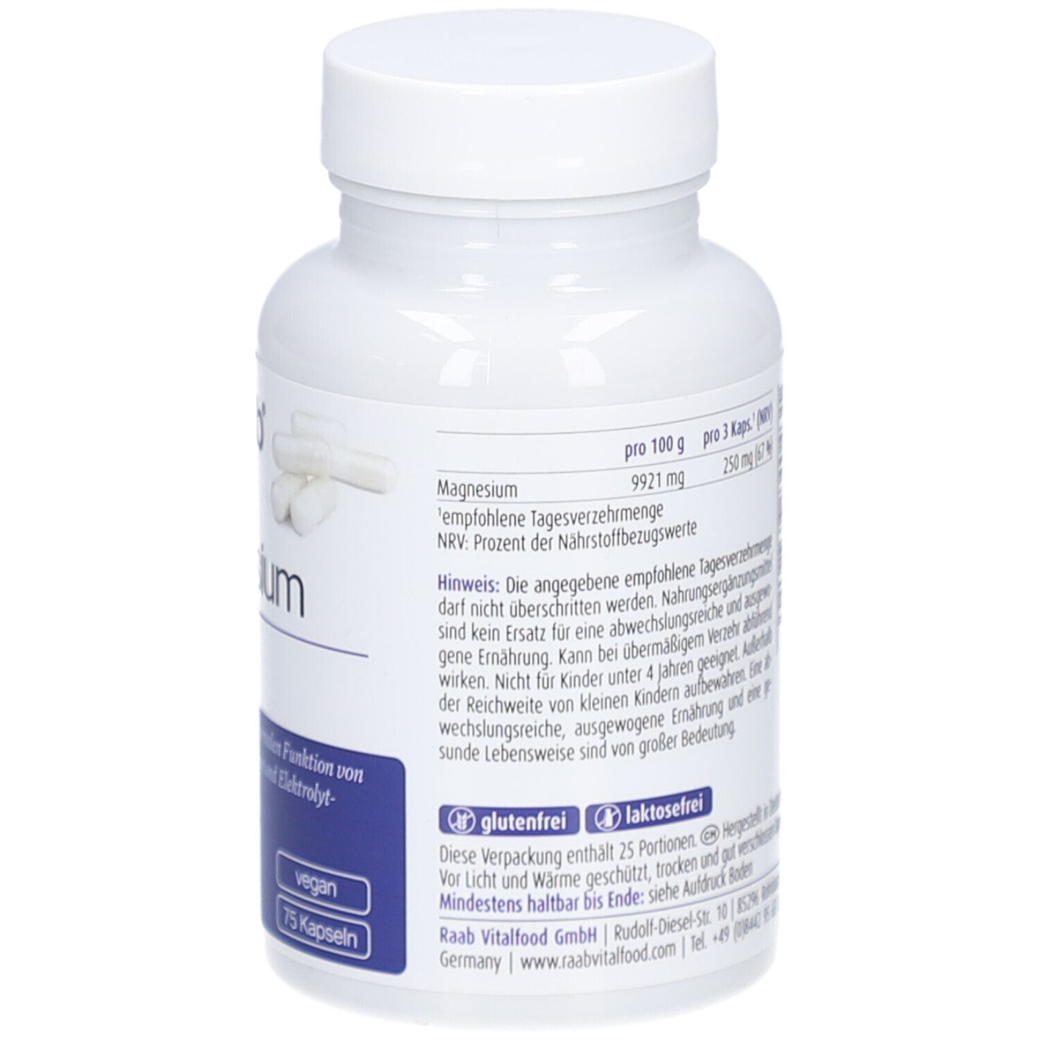 Rückseite der Flasche. Text über Magnesium. Glutenfrei, laktosefrei. 25 Portionen. Vegan.