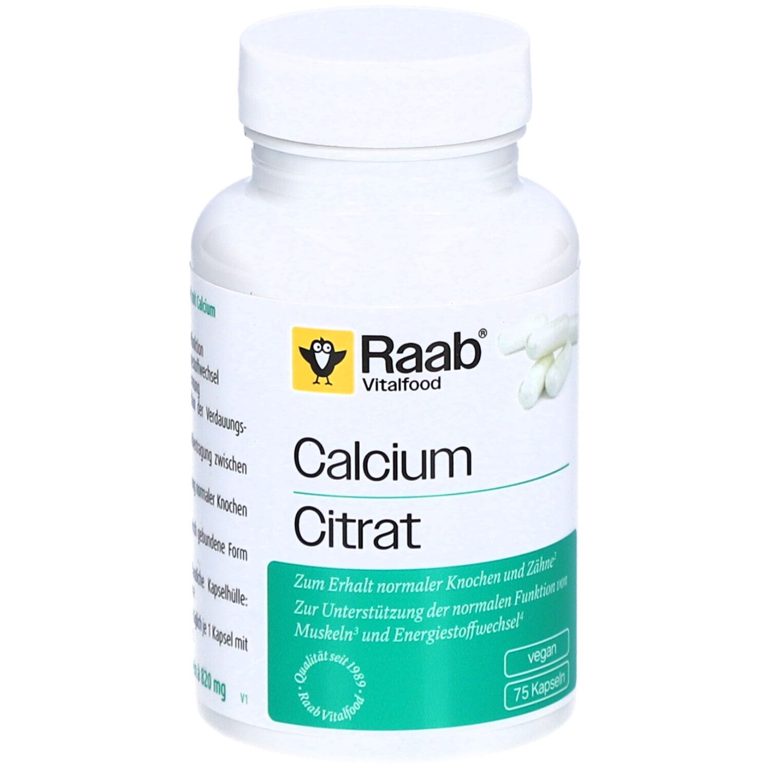 Weiße Flasche mit Kapseln. Aufschrift: Raab Vitalfood, Calcium Citrat. Grün-weißes Etikett mit Text. 75 Kapseln, vegan.