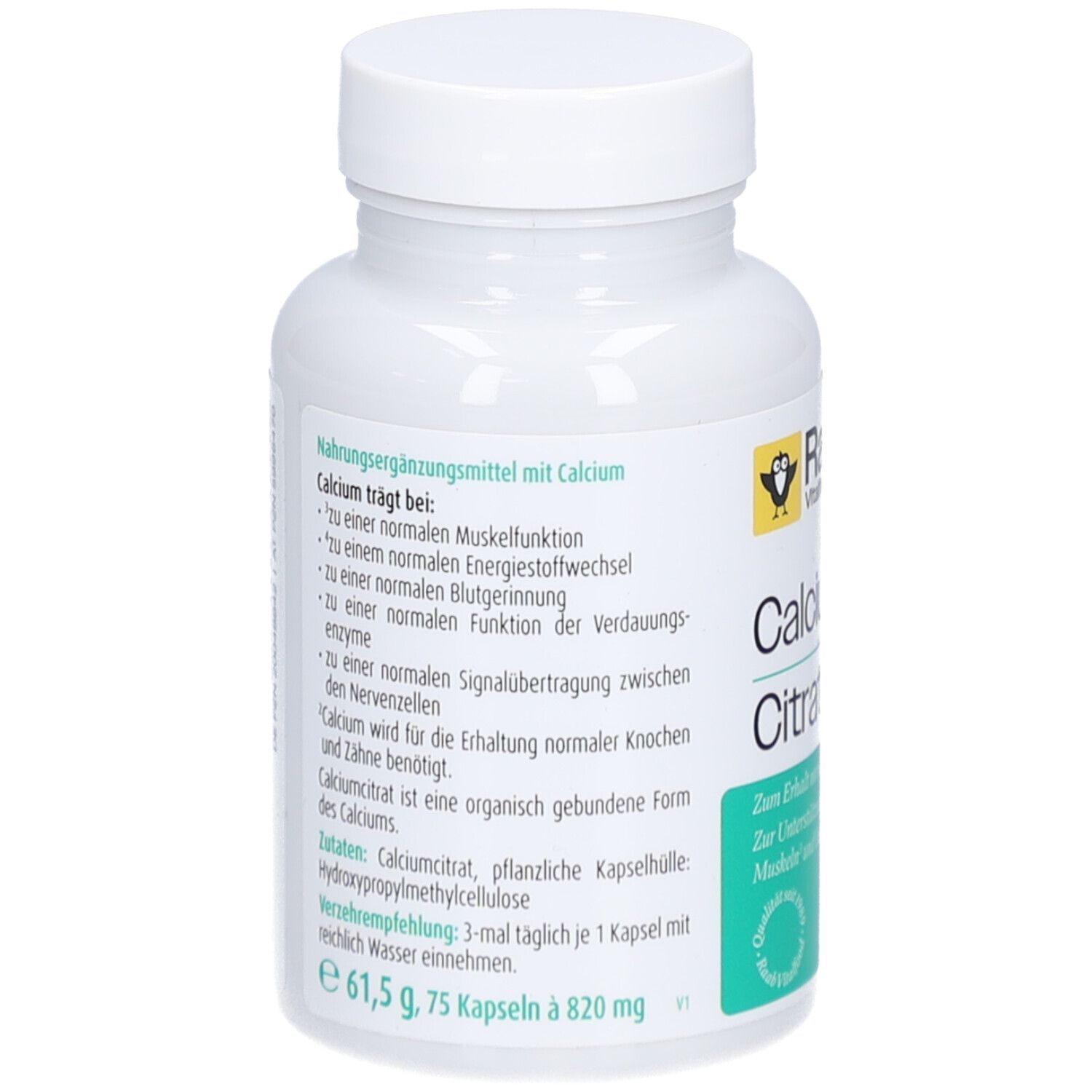 Rückseite der weißen Flasche. Text über Calcium. Zutaten, Verzehrempfehlung. 61,5 g, 75 Kapseln. Grünes Etikett.