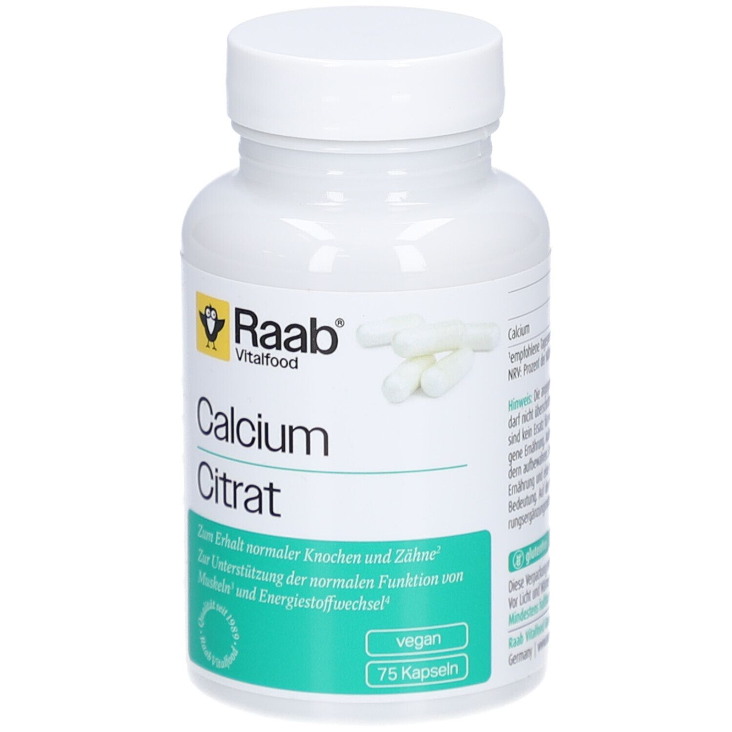 Weiße Flasche mit Kapseln. Aufschrift: Raab Vitalfood, Calcium Citrat. Grünes Etikett mit Text. 75 Kapseln, vegan.