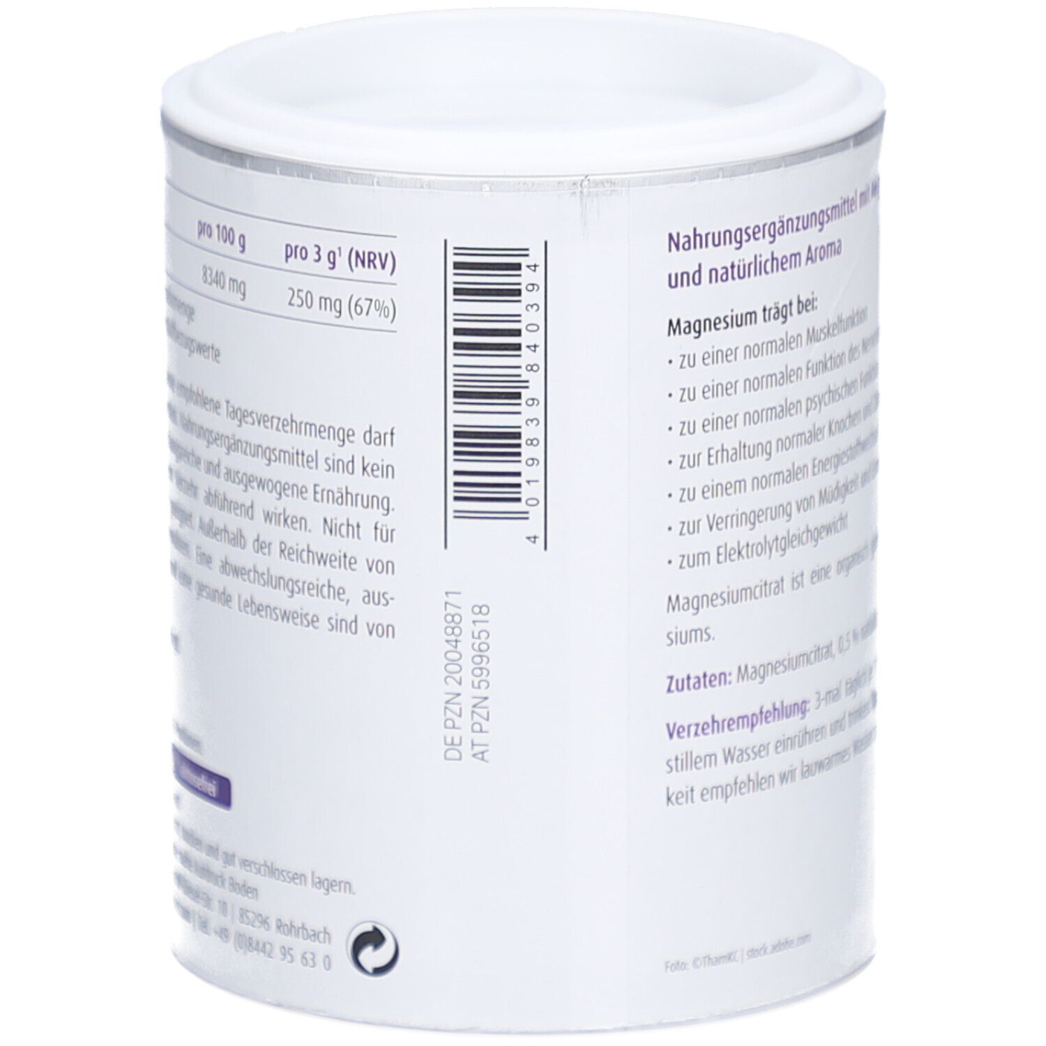 Rückseite der Dose mit Barcode und Text. Text: Nahrungsergänzungsmittel, Magnesiumcitrat, Zutaten, Verzehrempfehlung.