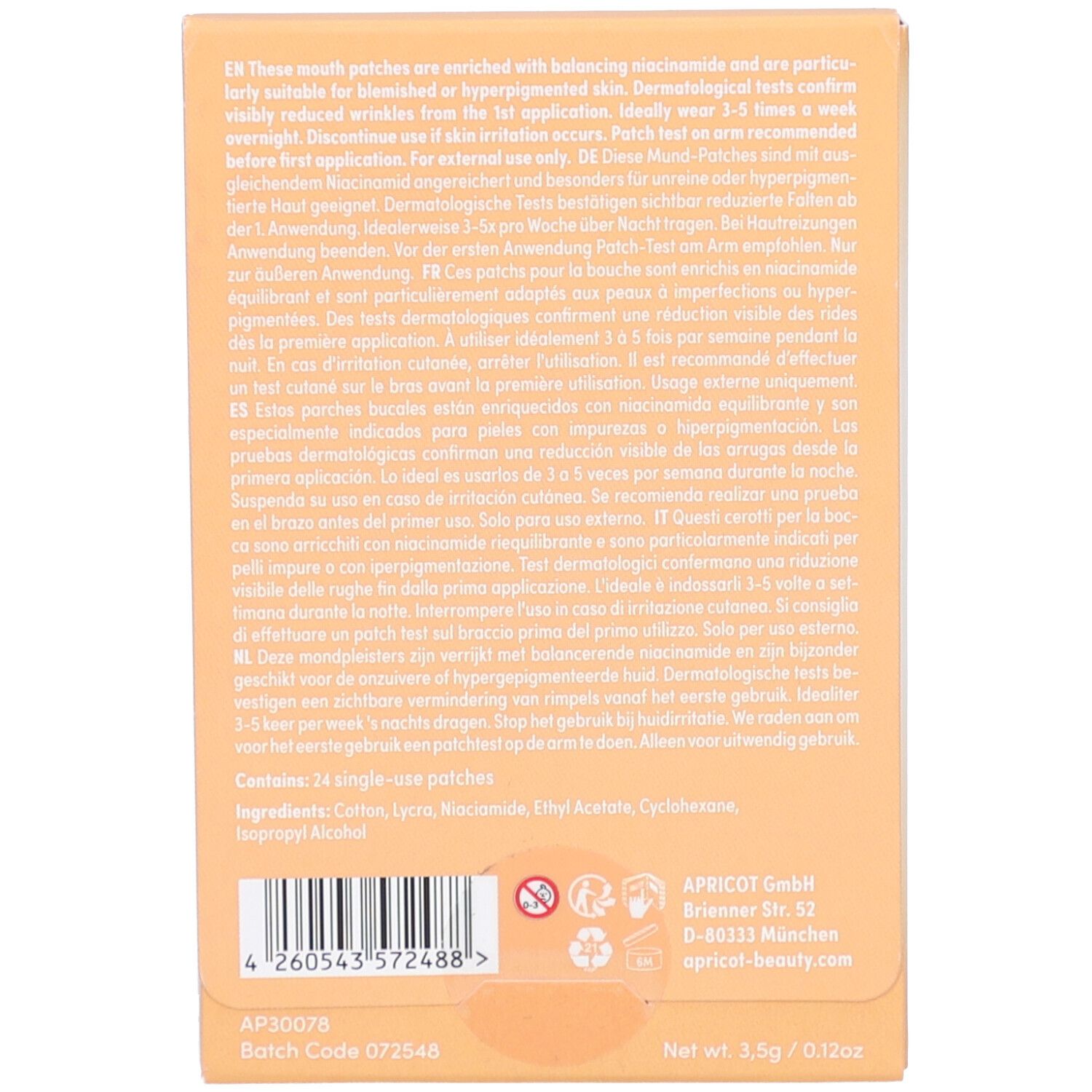 Rückseite der Verpackung mit Text. Enthält 24 Einzel-Patches. Inhaltsstoffe: Baumwolle, Leinen, Niacinamid, etc. APRICOT GmbH.
