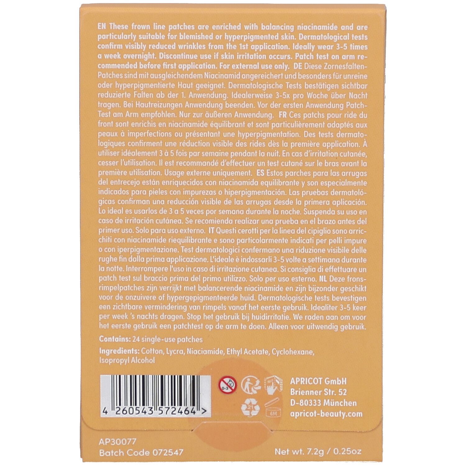 Rückseite der Verpackung. Text: Inhaltsstoffe, Gebrauchsanweisung, Herstelleradresse, Chargennummer, Gewicht.