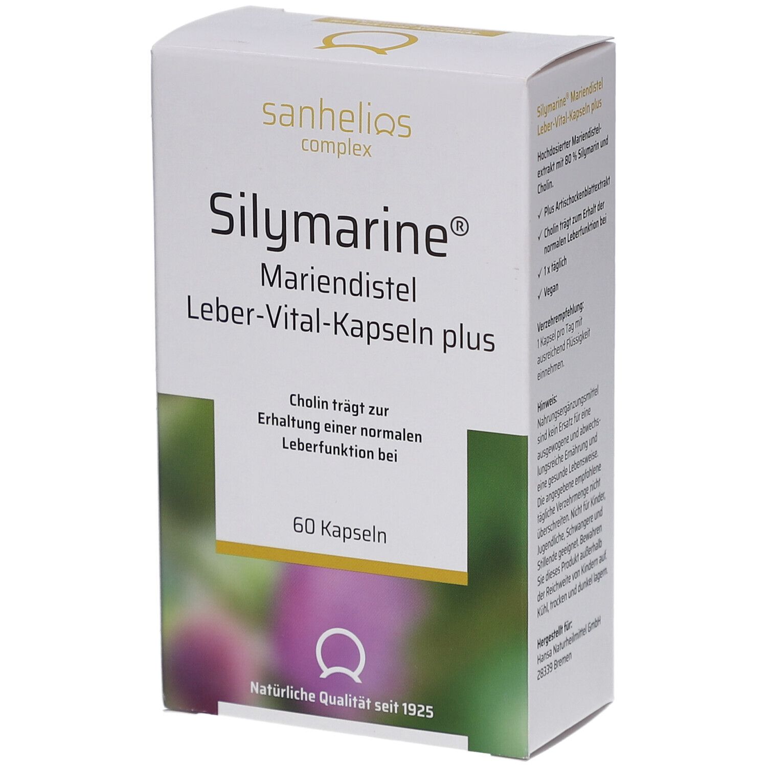 Weißer Karton mit Produktnamen SILYMARINE Mariendistel Leber-Vital-Kapseln plus. 60 Kapseln. Sanhelios Logo.