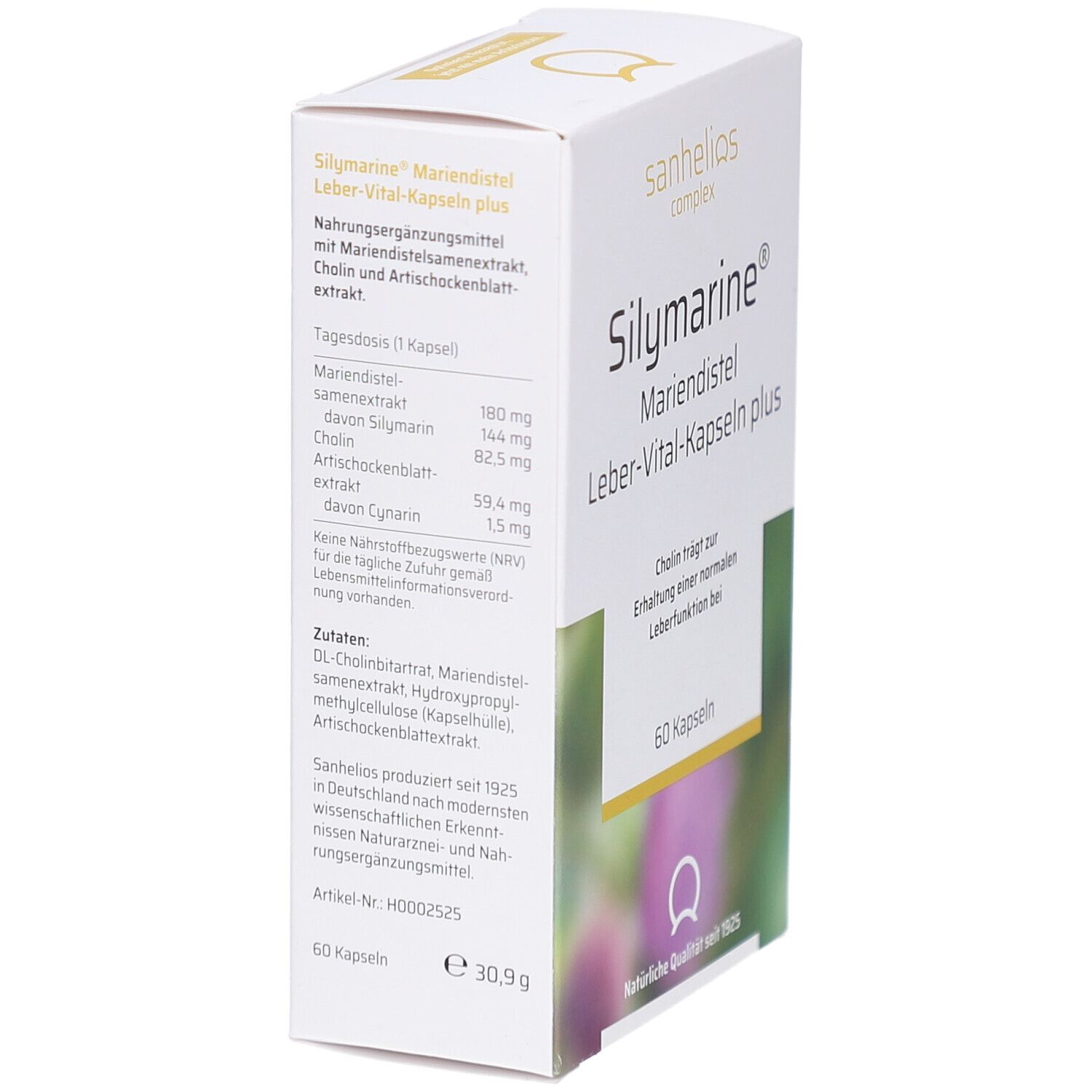 Produktverpackung mit Inhaltsangaben. SILYMARINE Mariendistel Leber-Vital-Kapseln plus. 60 Kapseln. Sanhelios Logo.