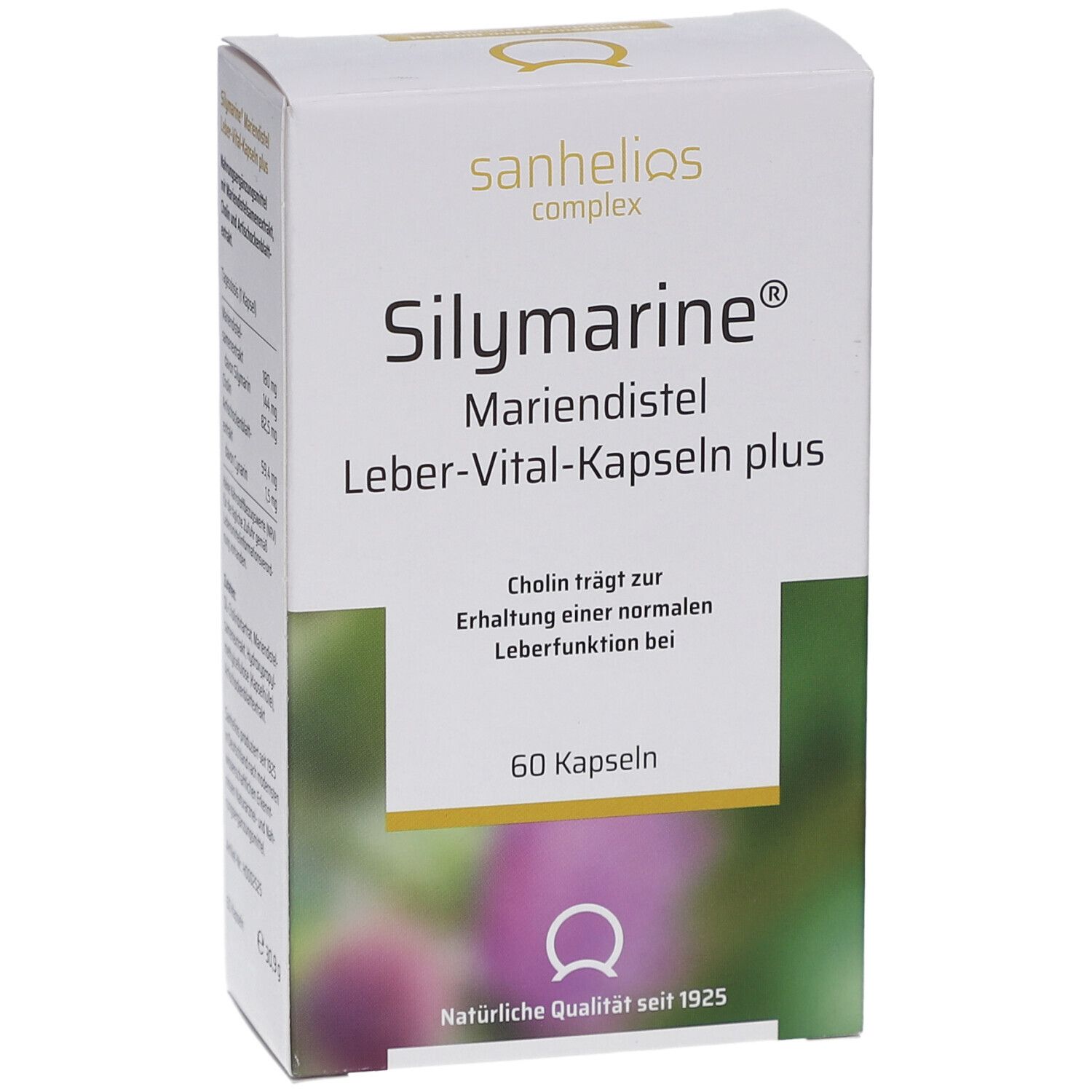 Weißer Karton mit Produktnamen SILYMARINE Mariendistel Leber-Vital-Kapseln plus. 60 Kapseln. Sanhelios Logo.