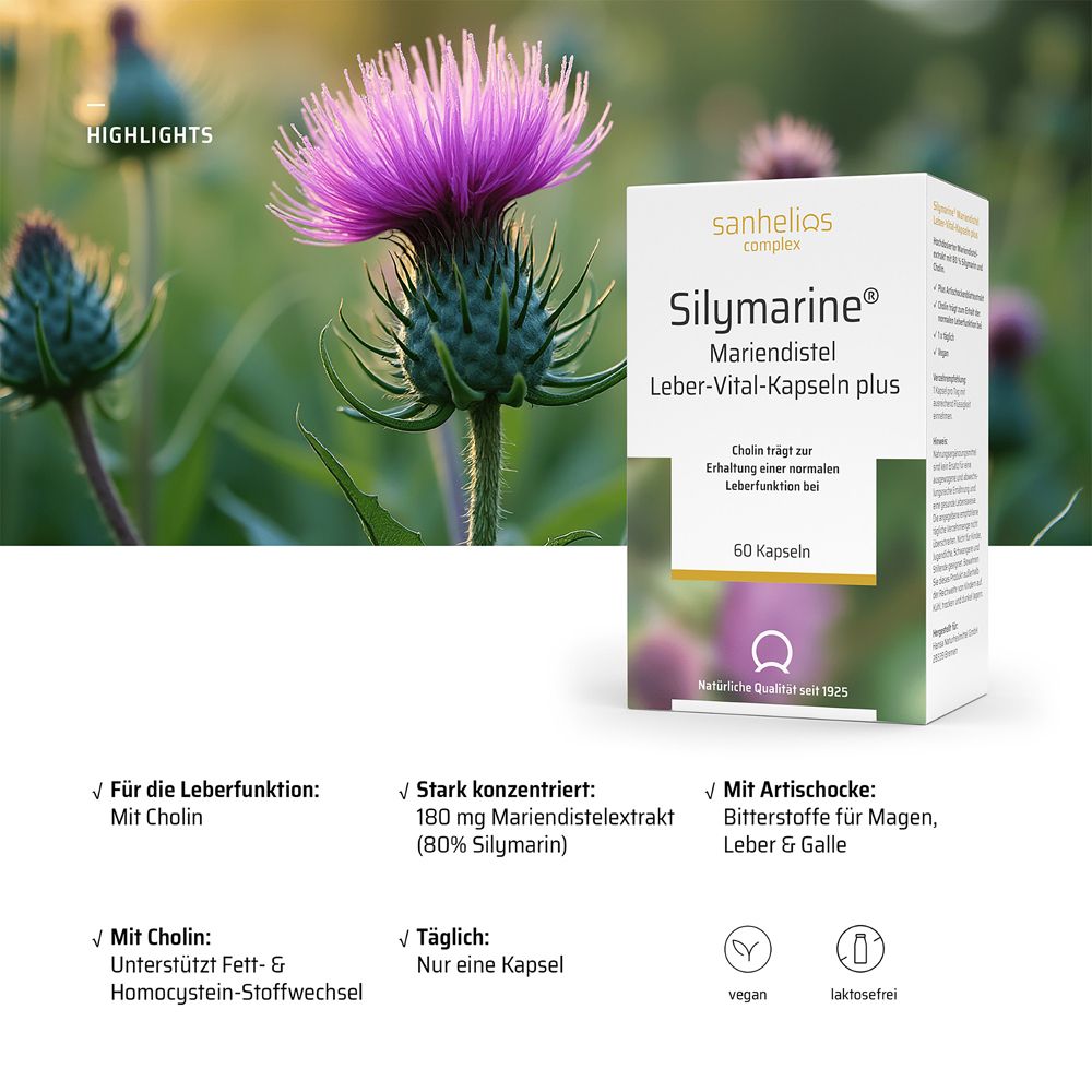 Verpackung und Produktinformationen zu Silymarine Leber-Vital-Kapseln plus.