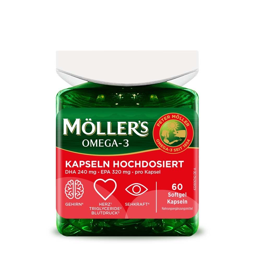 Flacon vert Möller's Omega-3. Étiquette rouge avec informations et icônes cerveau, cœur, yeux. 60 gélules.