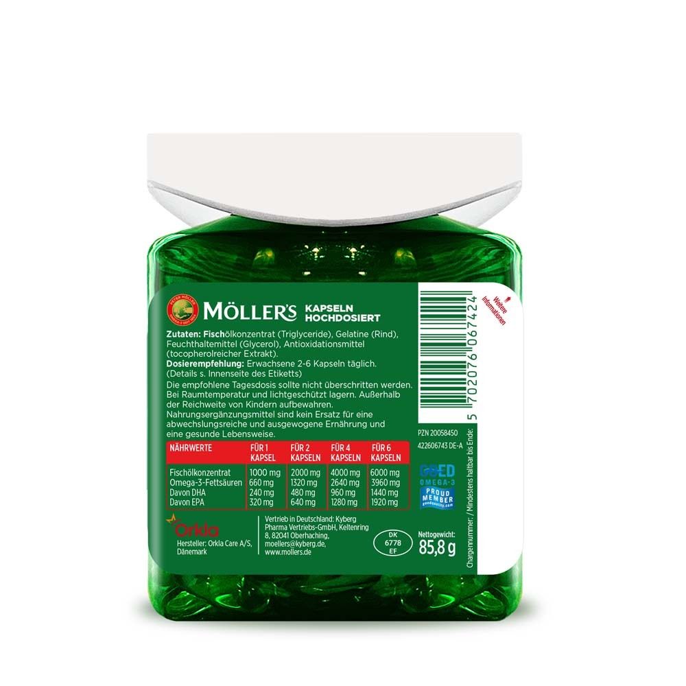 Dos du flacon vert Möller's Omega-3. Contient informations nutritionnelles, liste ingrédients et posologie. 85,8 g.