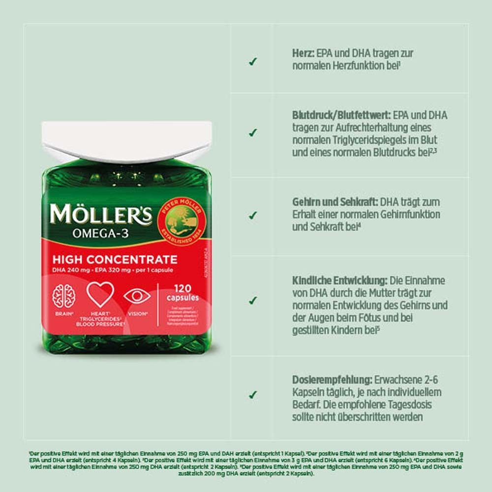Flacon vert Möller's Omega-3. Texte avantages EPA et DHA pour cœur, tension, cerveau et vision. 120 gélules.