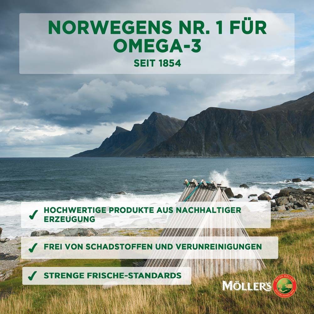 Paysage avec mer et montagnes. Texte : N° 1 norvégien pour Oméga-3 depuis 1854. Logos et texte qualité.