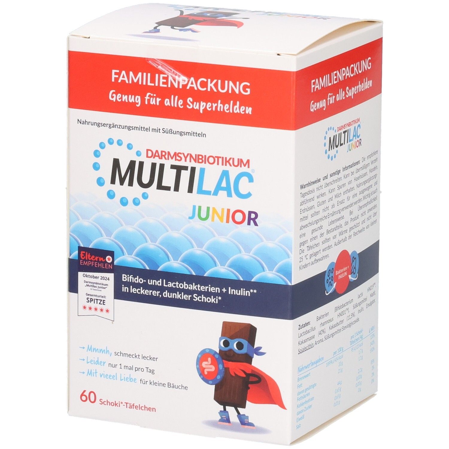 Verpackung von MULTILAC Junior. Enthält 60 Schoki-Täfelchen. Aufdruck: DarmSynbiotikum, Bifido- und Laktobakterien + Inulin.