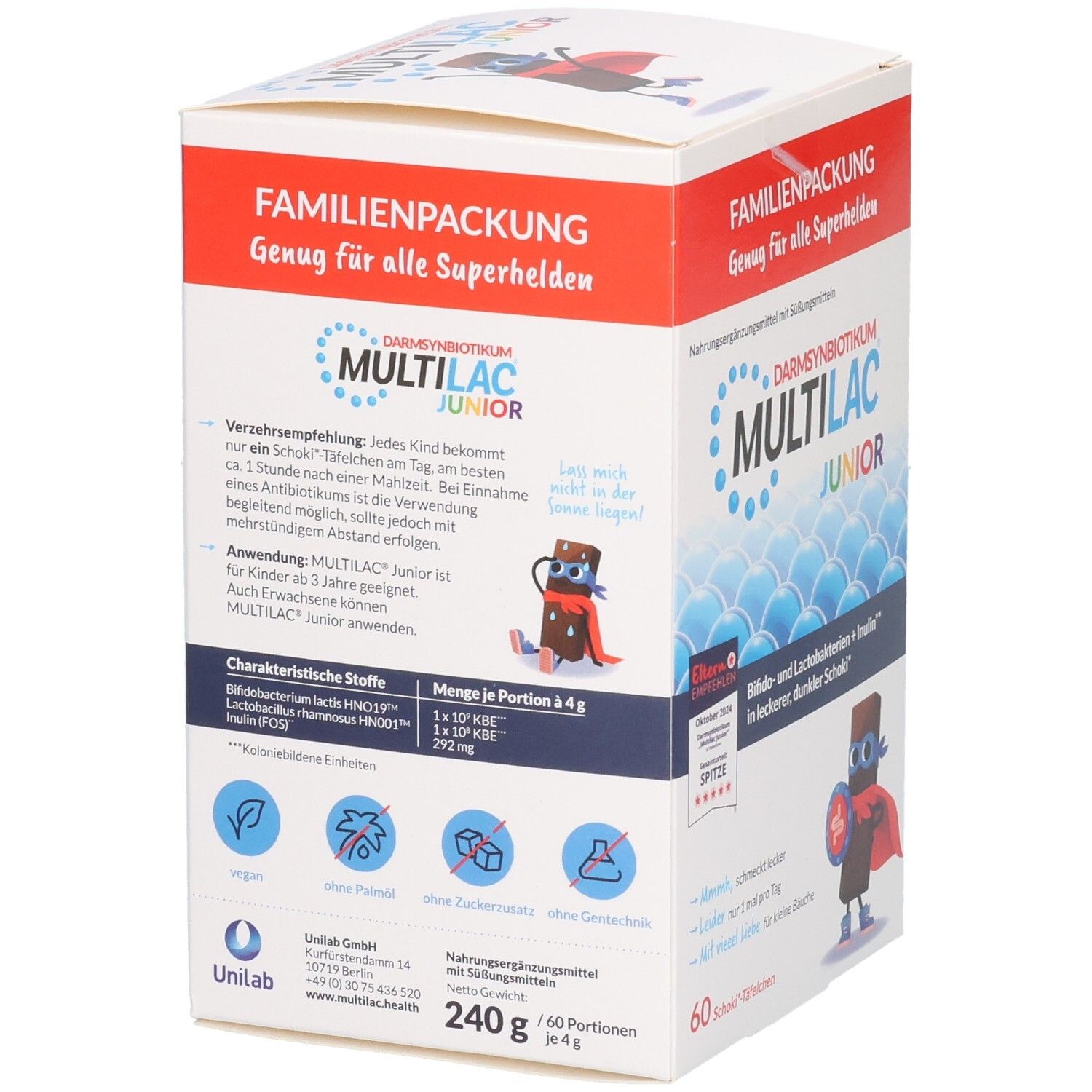 Verpackung von MULTILAC Junior. Enthält 60 Portionen. Aufdruck: DarmSynbiotikum, Bifido- und Laktobakterien + Inulin. Inhaltsstoffe.