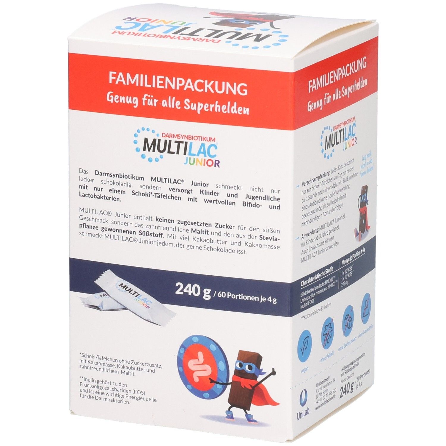Verpackung von MULTILAC Junior. Enthält 60 Portionen. Aufdruck: DarmSynbiotikum, Bifido- und Laktobakterien + Inulin. 240g.