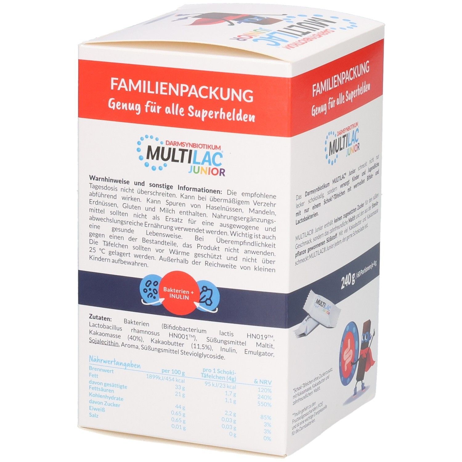 Verpackung von MULTILAC Junior. Aufdruck: DarmSynbiotikum, Bifido- und Laktobakterien + Inulin. Nährwertangaben. 240g.