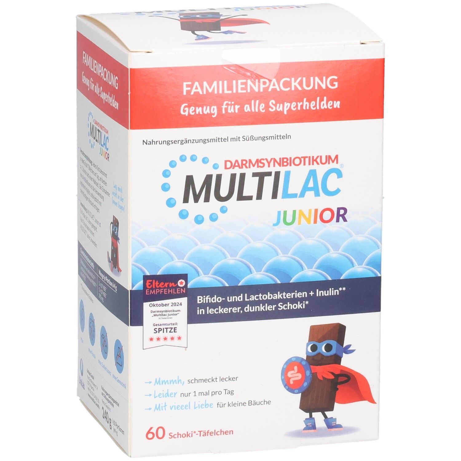 Verpackung von MULTILAC Junior. Enthält 60 Schoki-Täfelchen. Aufdruck: DarmSynbiotikum, Bifido- und Laktobakterien + Inulin.