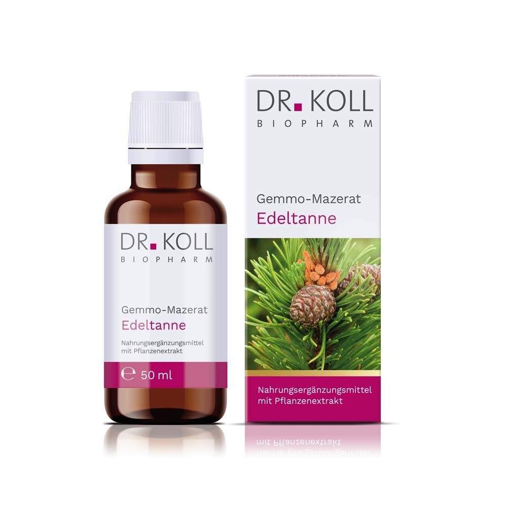 Braune Glasflasche und Karton. Aufschrift: DR. KOLL BIOPHARM, Gemmo-Mazerat Edeltanne. Mit Pflanzenextrakt. 50 ml.