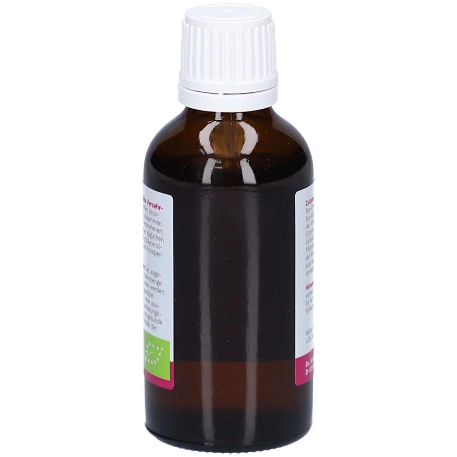 Braune Glasflasche mit weißem Deckel. Etikett mit Inhaltsstoffen und Bio-Siegel. Rosa Akzent.