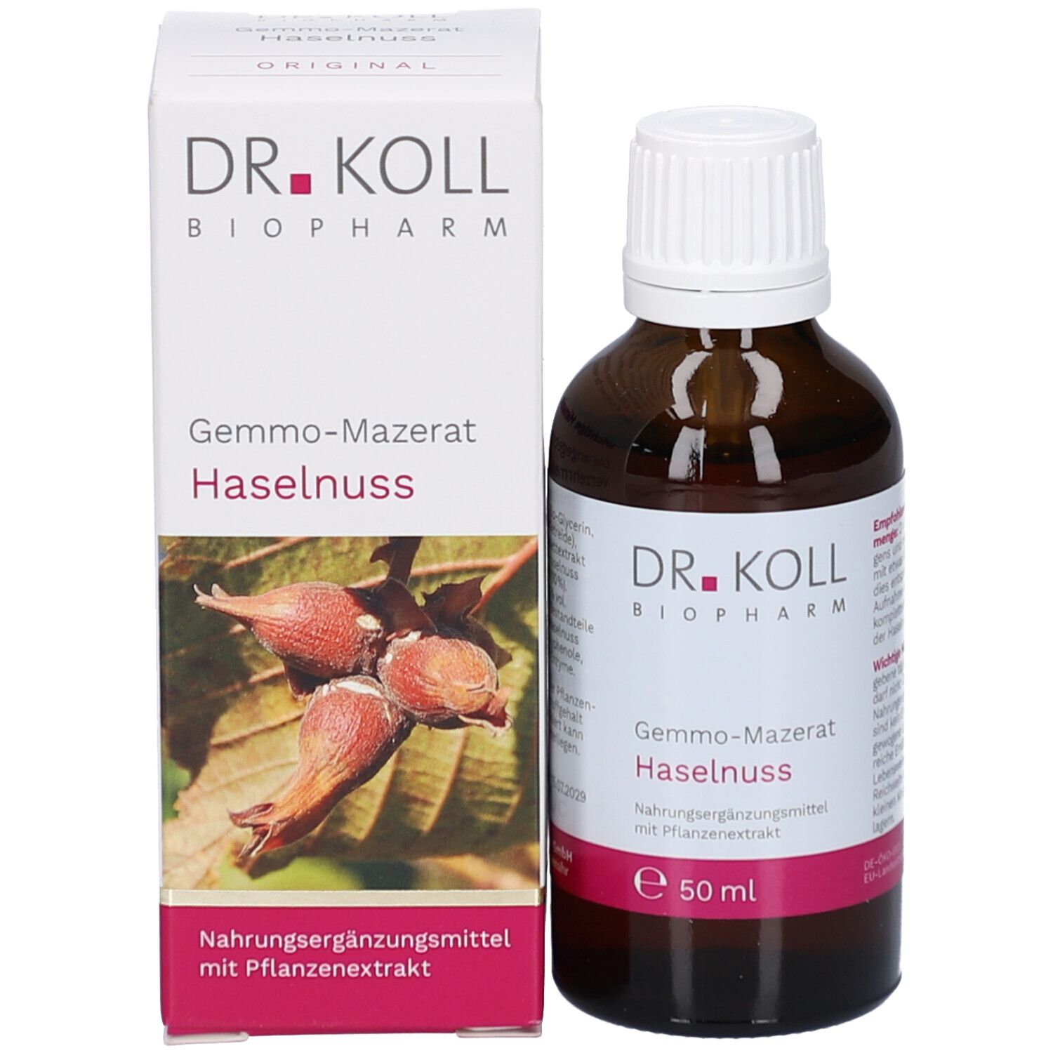 Produktflasche und Verpackung. Flasche mit weißem Deckel, Verpackung mit Produktabbildung und Namen.