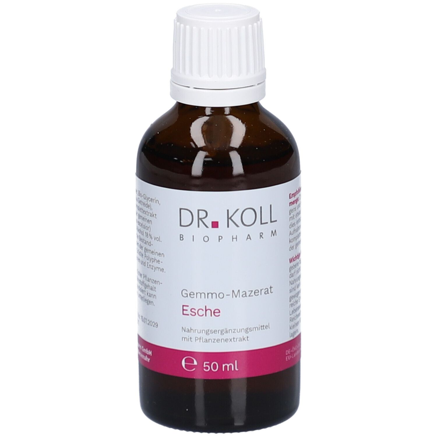 Braune Glasflasche mit weißem Deckel. Etikett mit Produktname, Marke DR. KOLL, und Inhaltsangaben. Rosa Akzent.