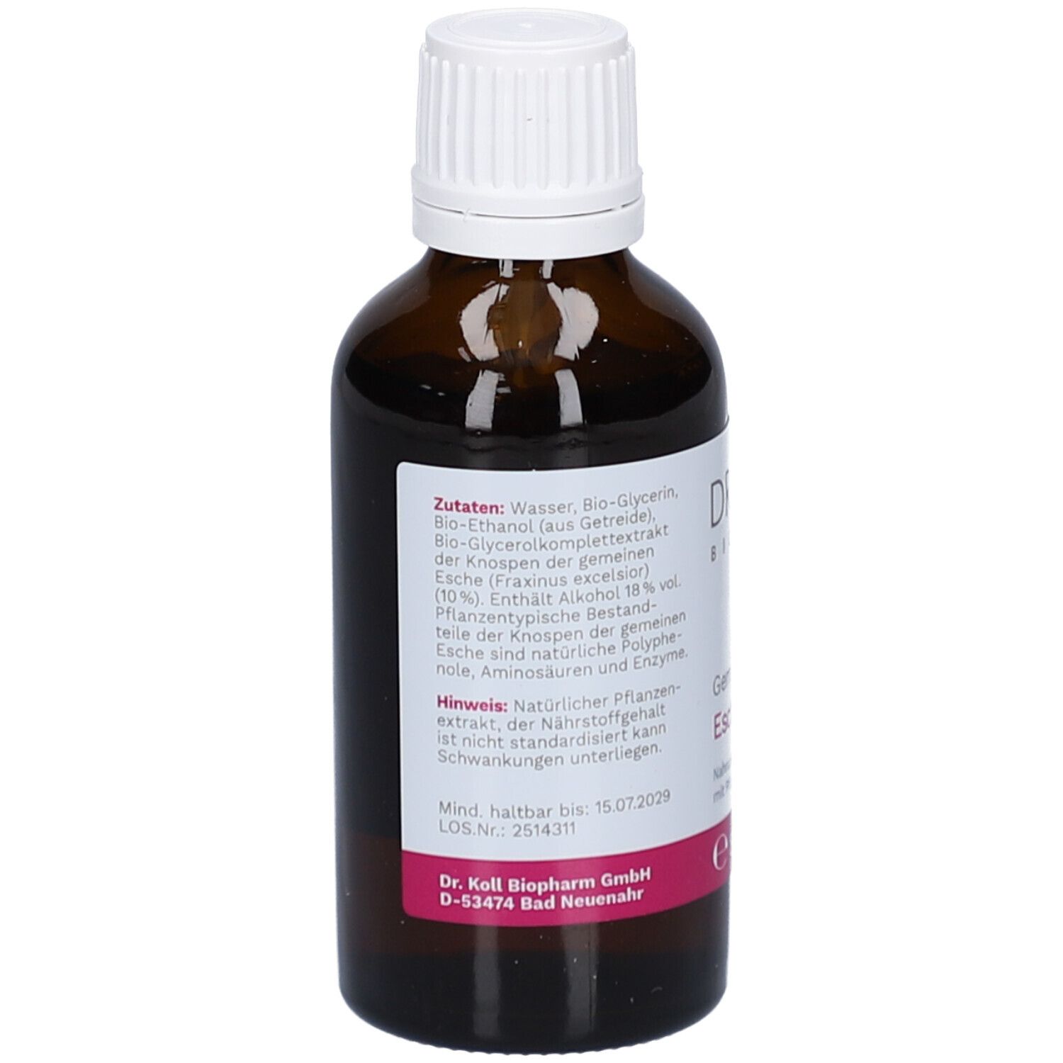 Braune Glasflasche mit weißem Deckel. Rückseite mit Zutatenliste und Herstellerinformationen. Rosa Akzent.