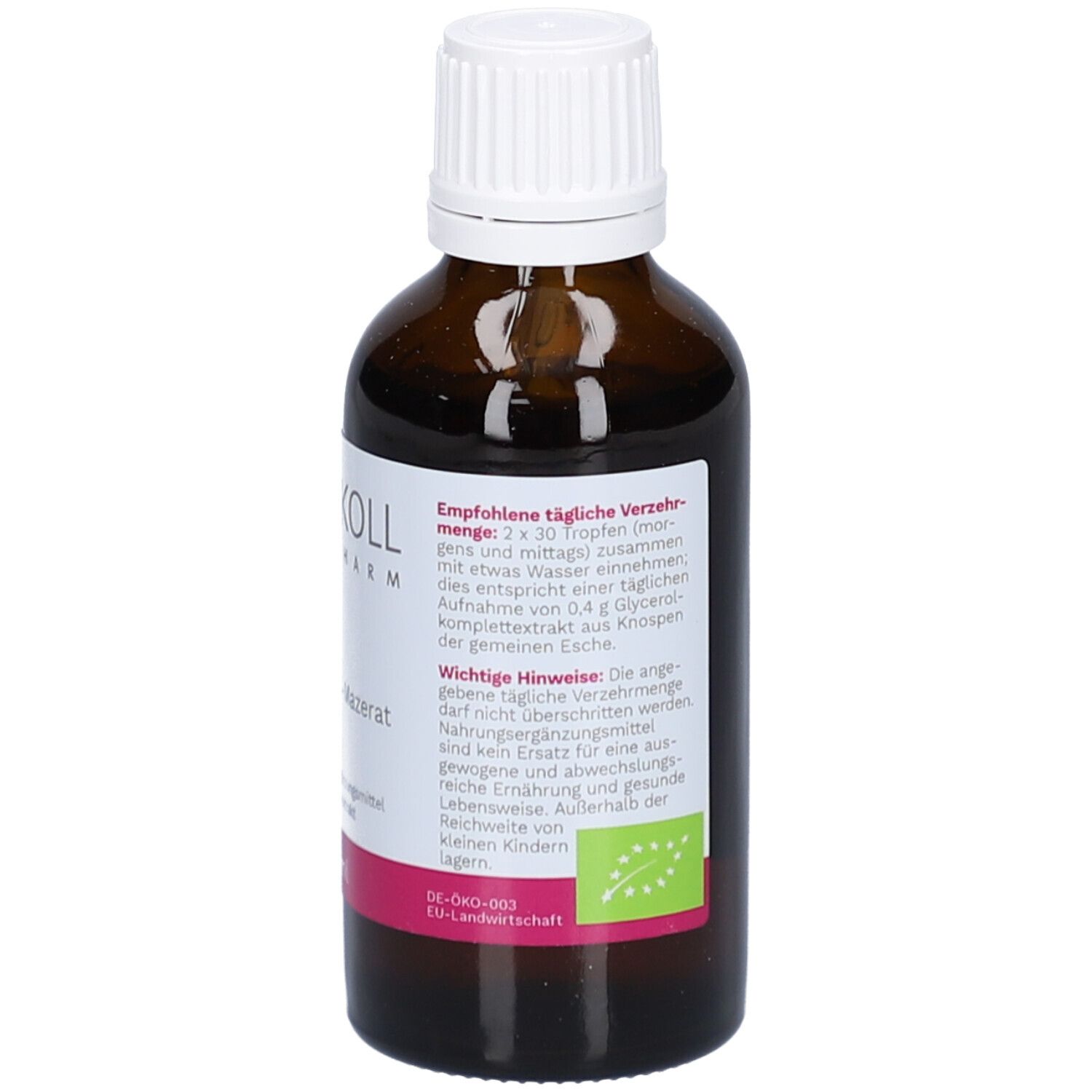 Braune Glasflasche mit weißem Deckel. Rückseite mit Dosierungshinweisen und Bio-Siegel. Rosa Akzent.