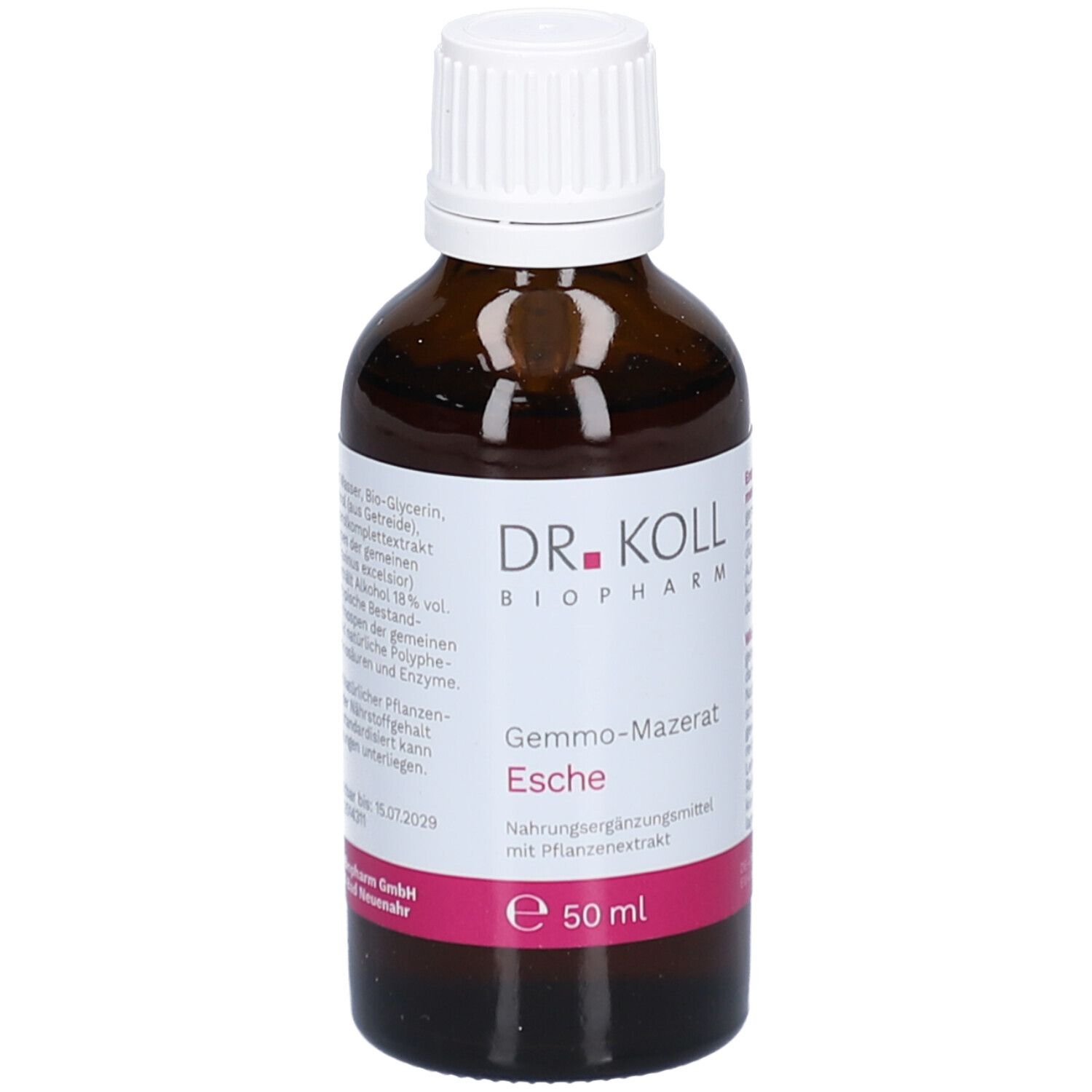 Braune Glasflasche mit weißem Deckel. Etikett mit Produktname, Marke DR. KOLL, und Inhaltsangaben. Rosa Akzent.