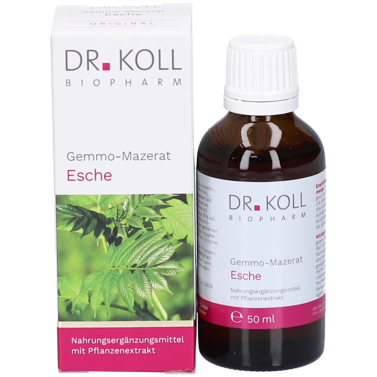 Produktflasche neben Verpackung. Flasche braun, weißer Deckel. Verpackung weiß mit Produktname und Logo.