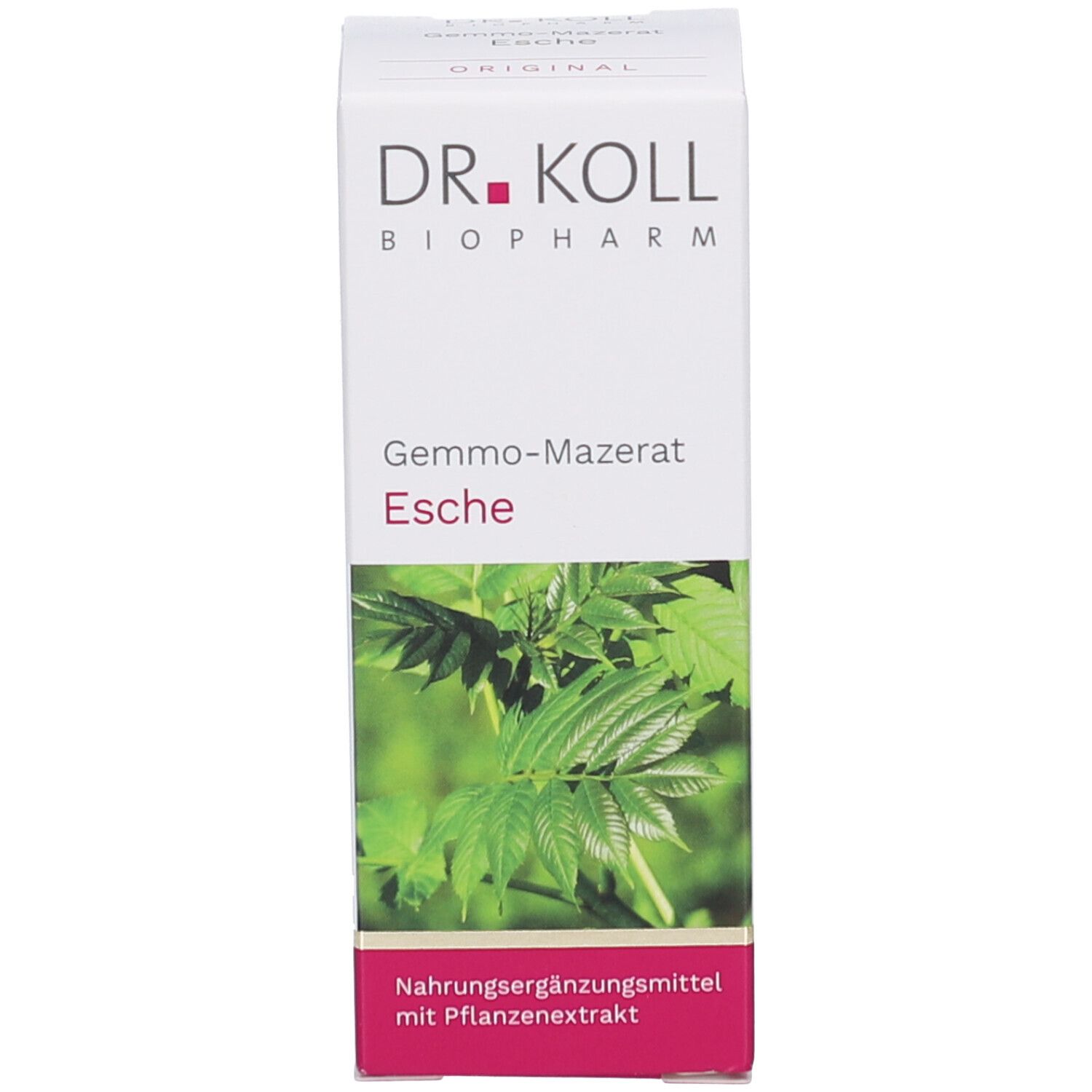 Weiße Verpackung mit Produktname und Logo. Grünpflanzen-Illustration. Rosa Akzent am unteren Rand.