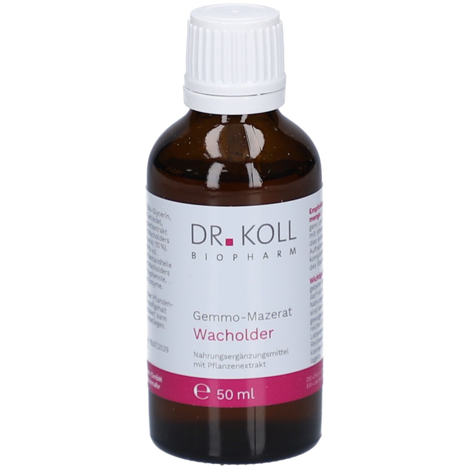 Flacon en verre brun avec bouchon blanc. Étiquette avec nom du produit, marque et ingrédients. 50 ml.