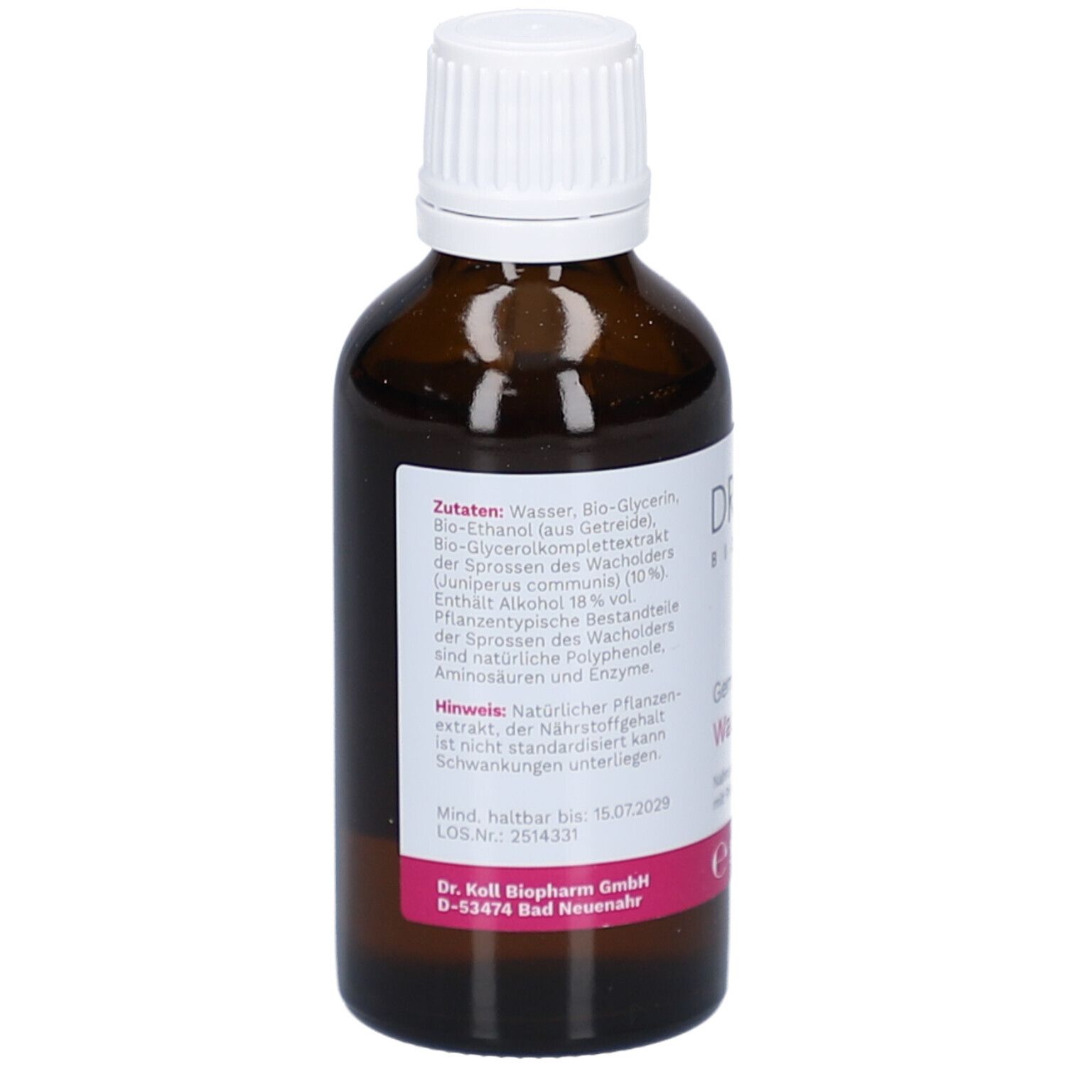 Dos du flacon en verre brun. Étiquette avec ingrédients et date de péremption.