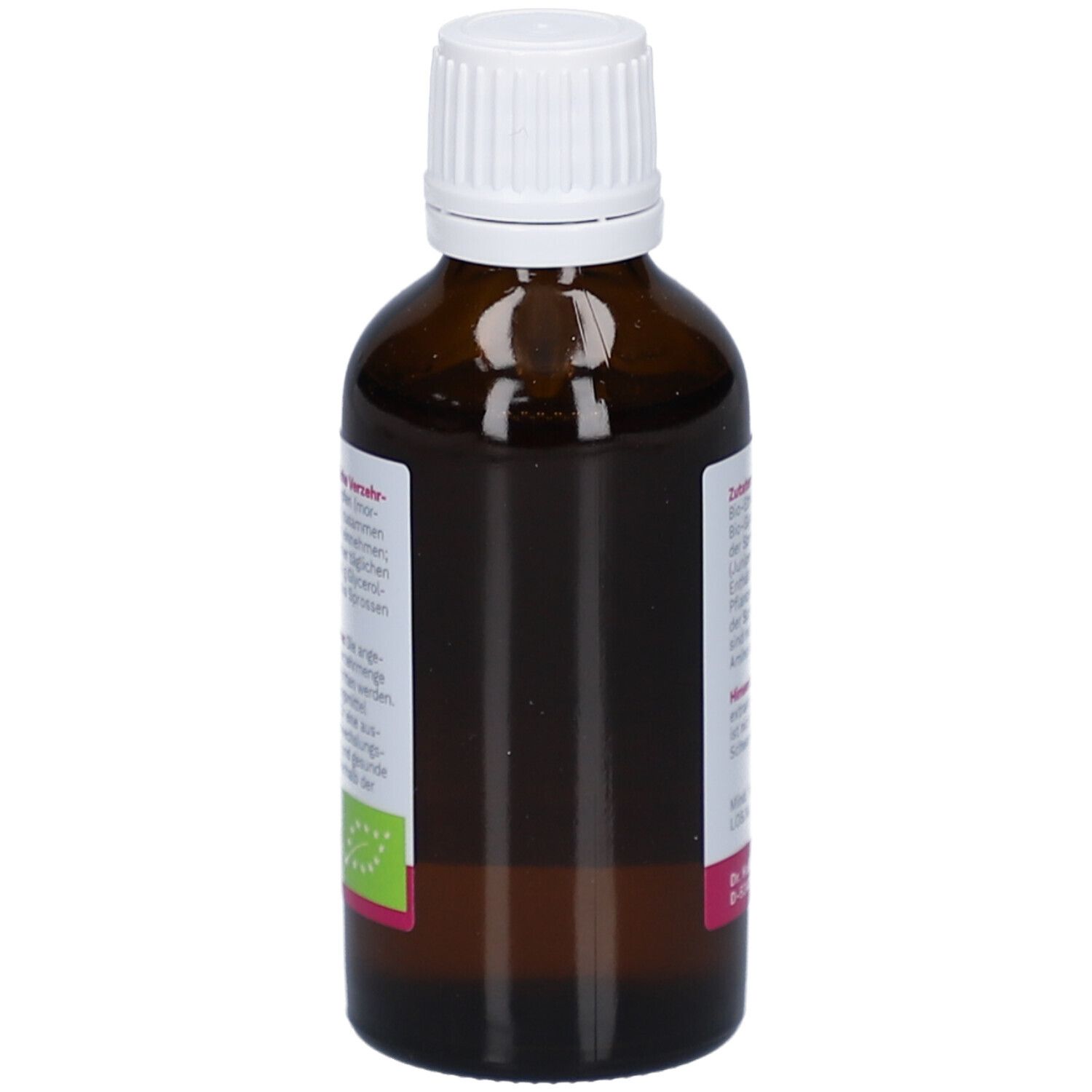 Flacon en verre brun avec bouchon blanc. Étiquette avec informations sur le produit et label bio.