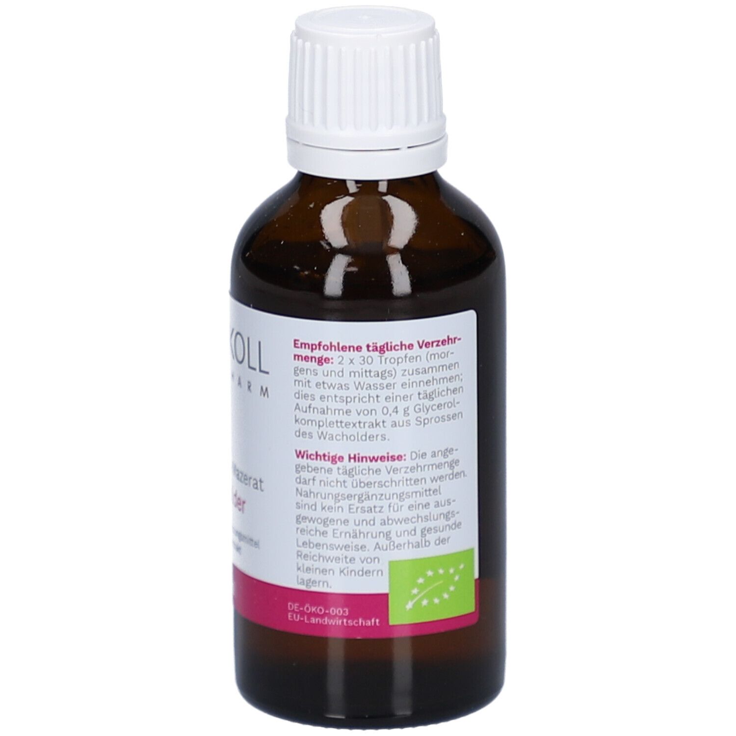 Flacon en verre brun avec bouchon blanc. Étiquette avec recommandation de dosage et label bio.