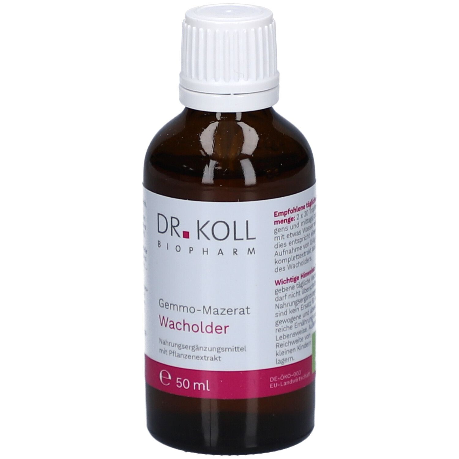 Flacon en verre brun avec bouchon blanc. Étiquette avec nom du produit, marque et ingrédients. 50 ml.