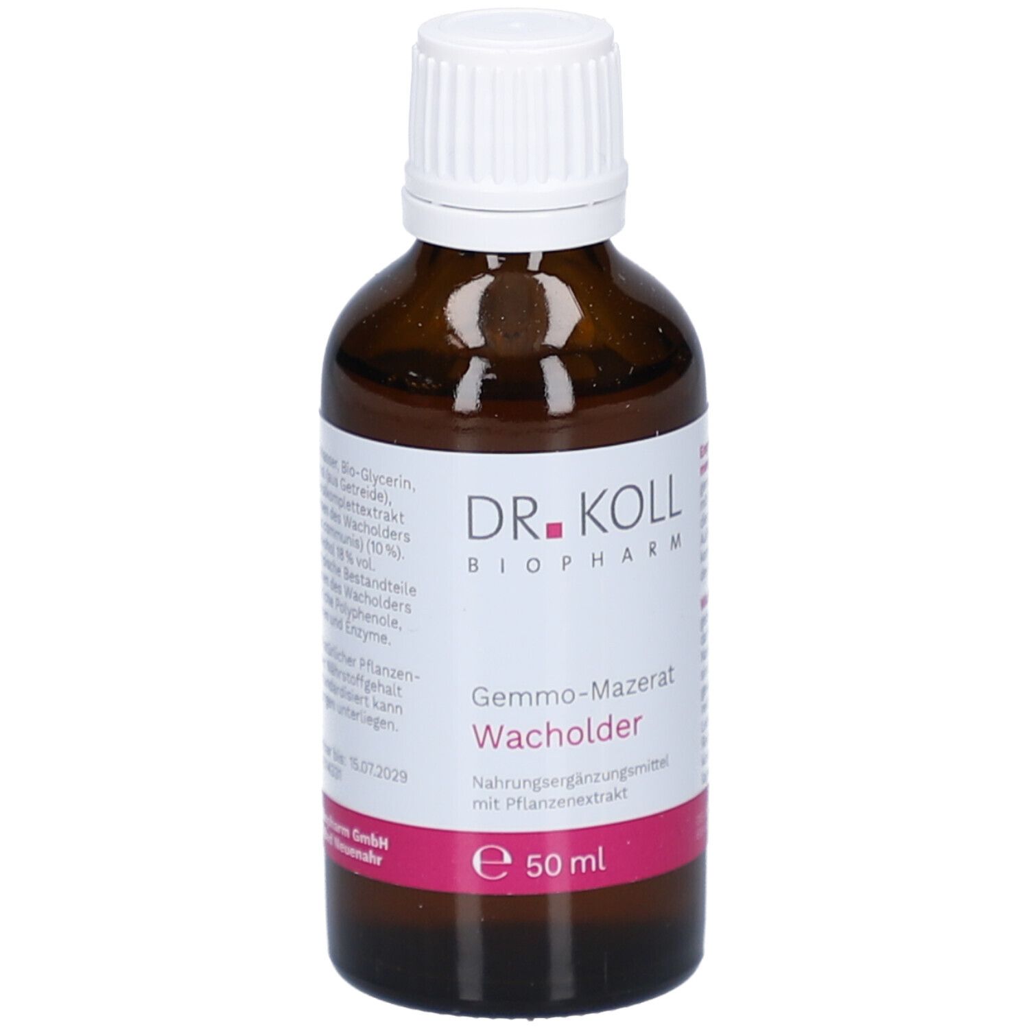 Flacon en verre brun avec bouchon blanc. Étiquette avec nom du produit, marque et ingrédients. 50 ml.