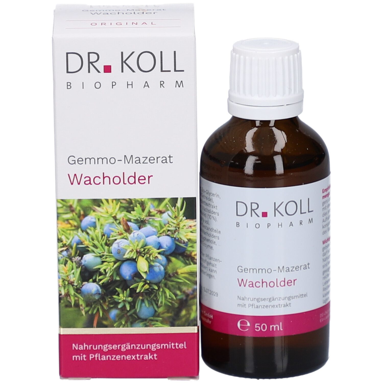 Flacon et emballage. Flacon et boîte avec nom du produit, marque et illustration de genévrier.