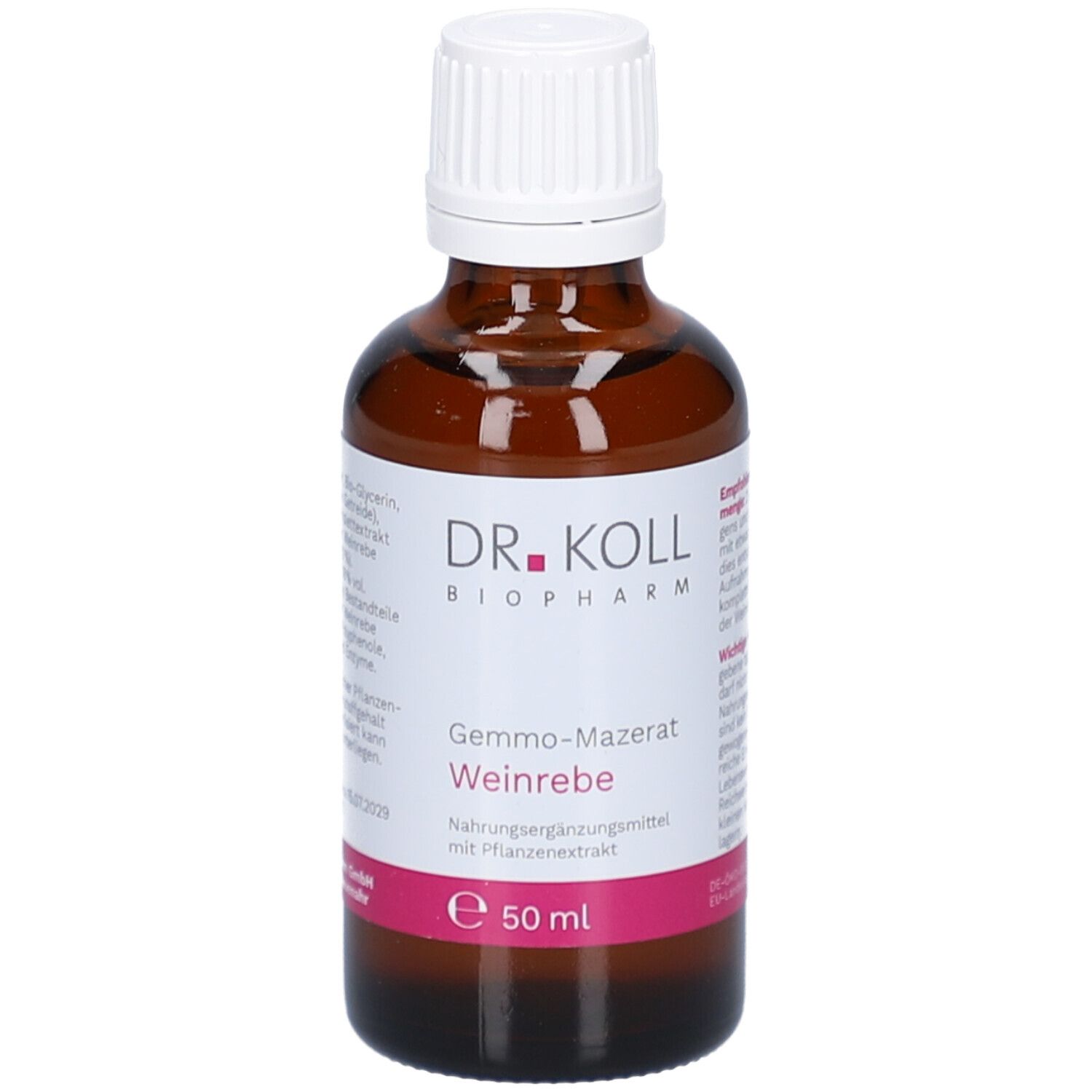 Flacon en verre brun avec bouchon blanc. Étiquette avec nom du produit, marque Dr. Koll et informations. 50 ml.