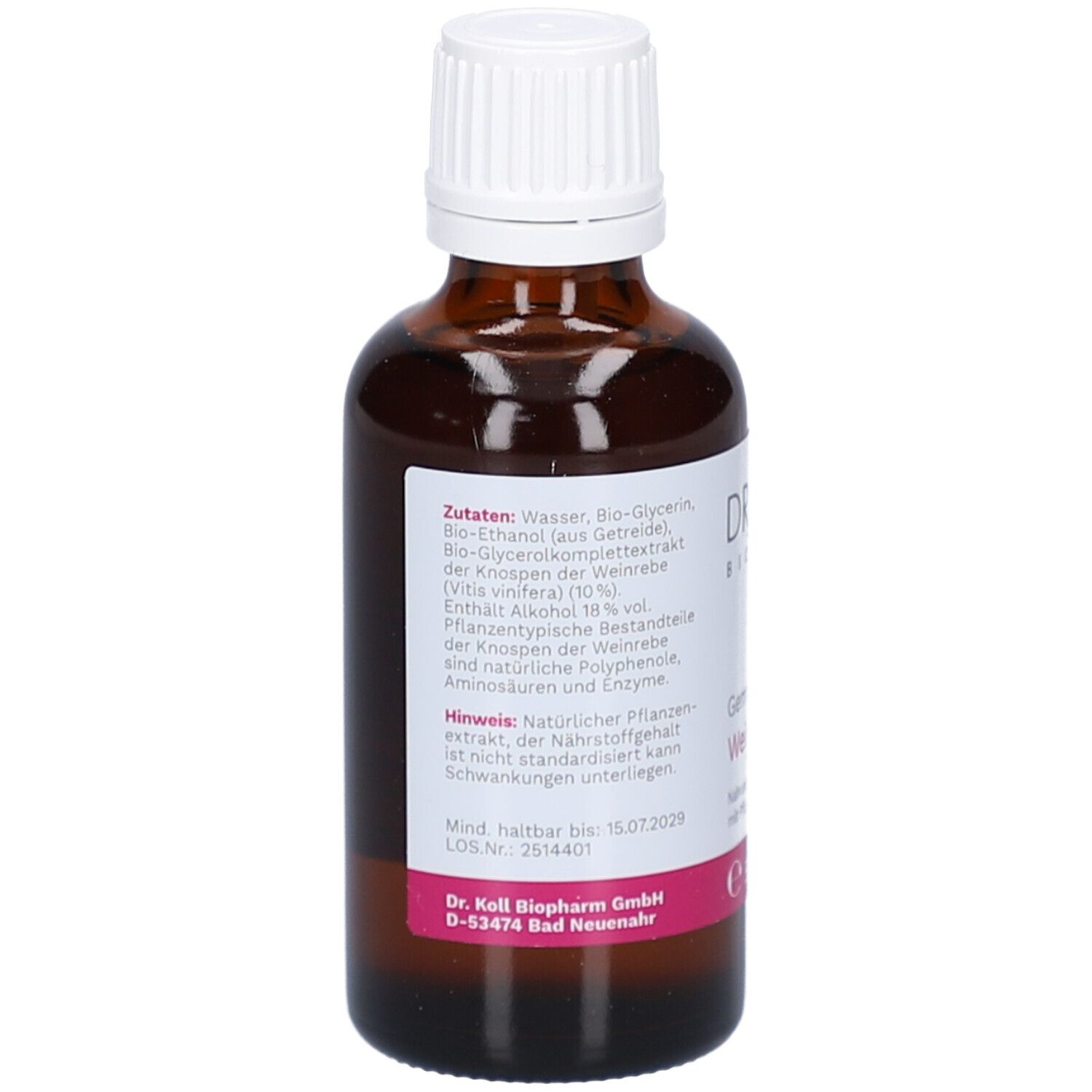 Flacon en verre brun avec bouchon blanc. Étiquette avec ingrédients, informations fabricant et date de péremption.