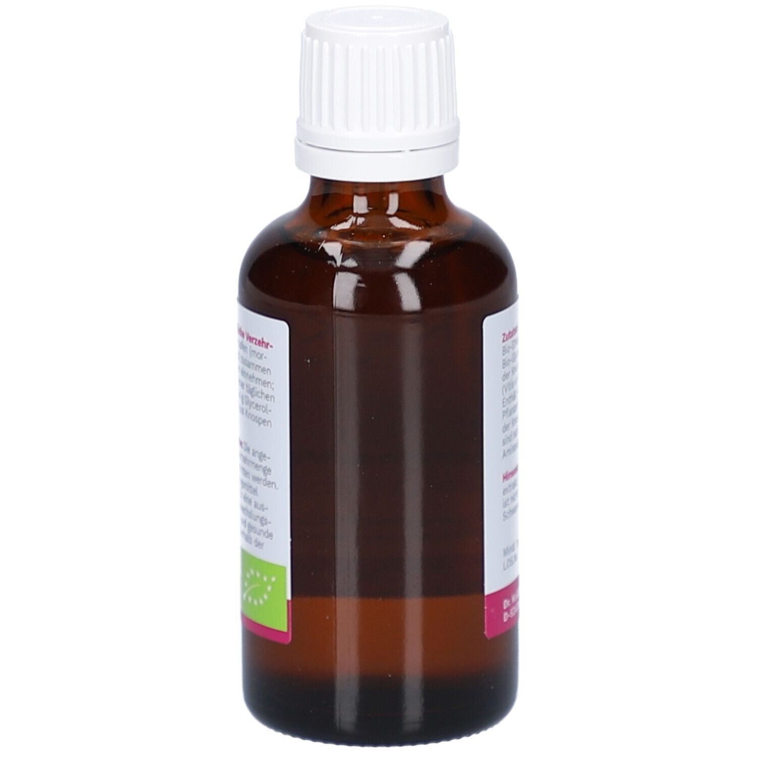 Flacon en verre brun avec bouchon blanc. Étiquette avec ingrédients et informations fabricant. Vue arrière.