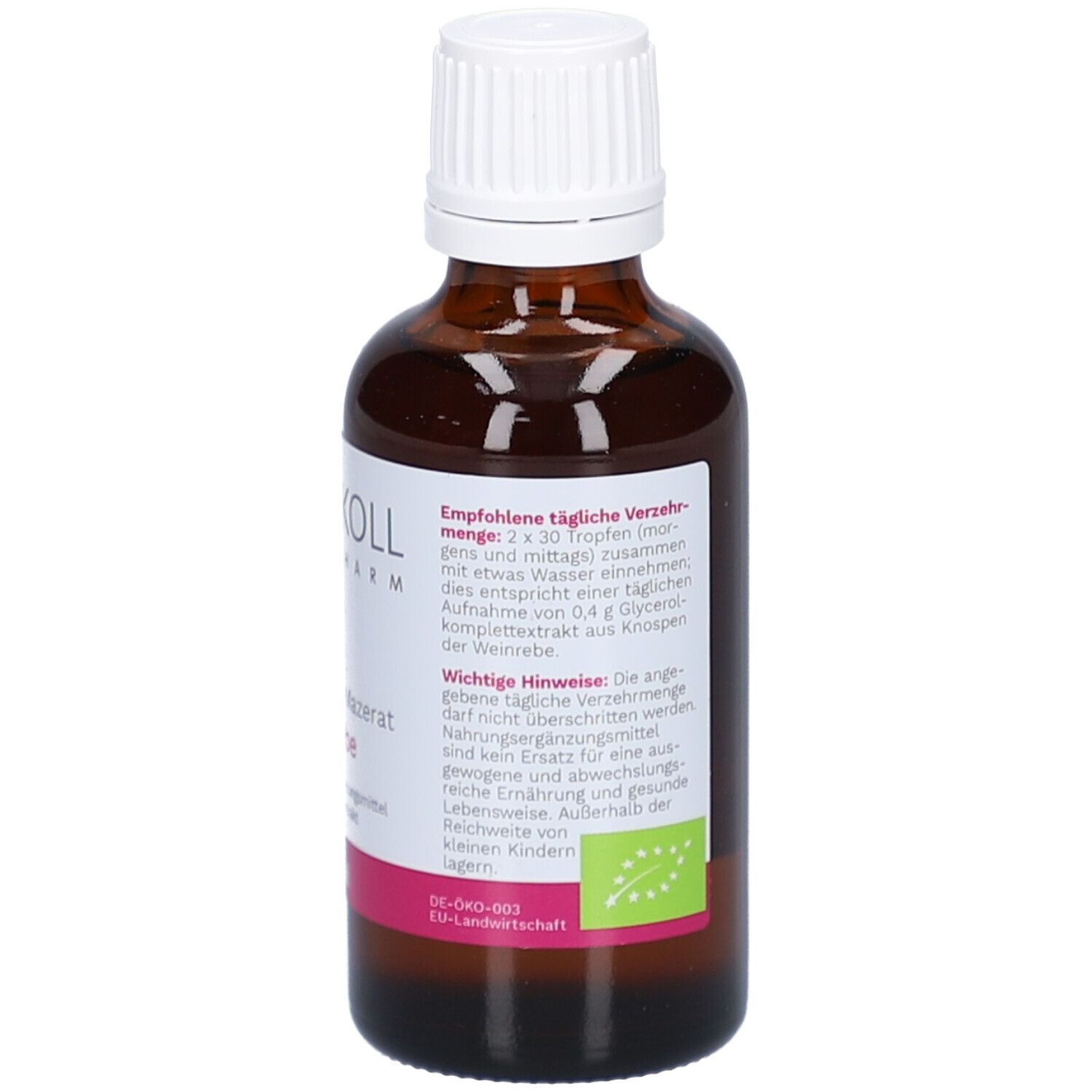 Flacon en verre brun avec bouchon blanc. Étiquette avec recommandation de dosage et avertissements. Label bio.