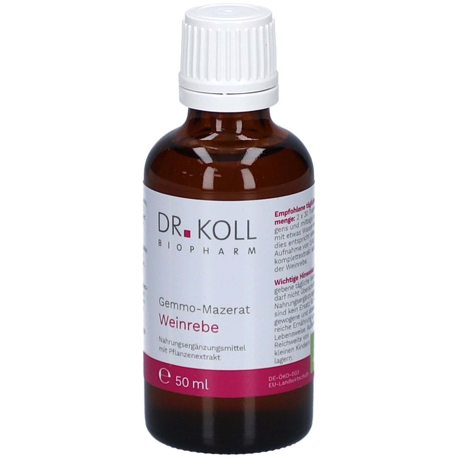 Flacon en verre brun avec bouchon blanc. Étiquette avec nom du produit, marque Dr. Koll et informations. 50 ml.